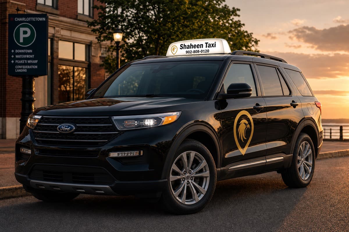 Shaheen Taxi black Ford Explorer SUV with branded roof sign — PEI airport transfers