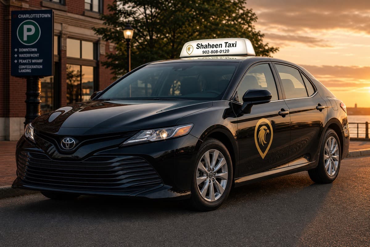 Shaheen Taxi black sedan with branded roof sign — Charlottetown city rides